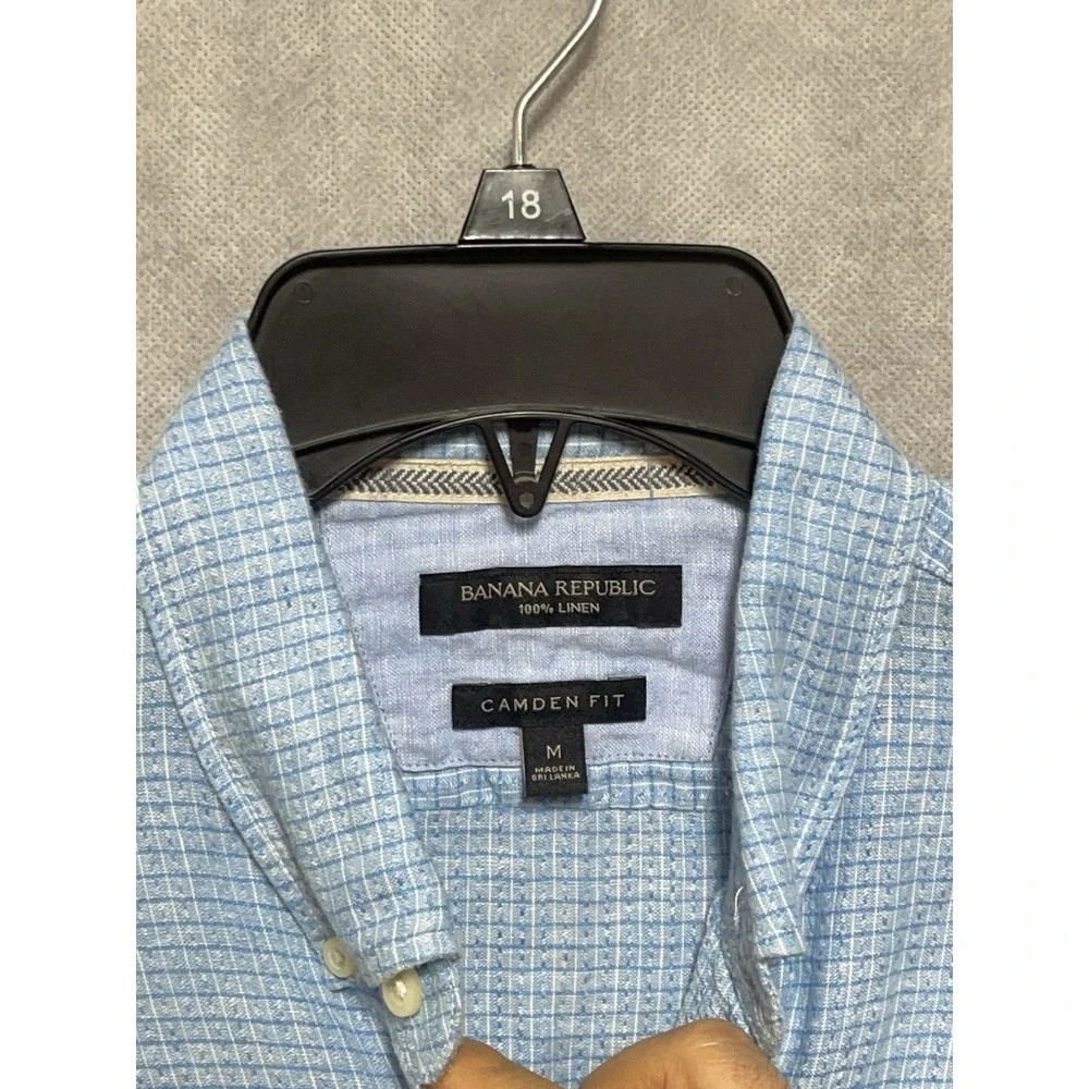 Banana Republic‎ Shirt Men M Blue Check Linen Button Up Camden Hopsack Academia